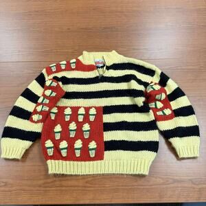 E.T. Vous 80s Vintage Ice Cream Cone Sweater Black Yellow Red Knit Thick & Warm